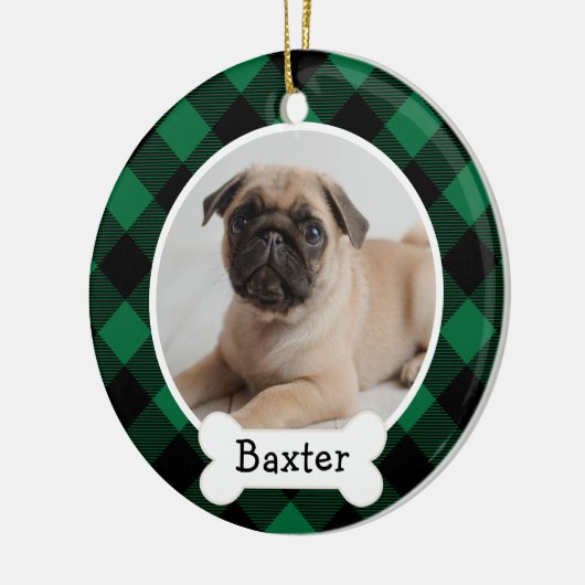 Green Buffalo Kariertes Puppy-Hund-Foto Keramikornament (Links)