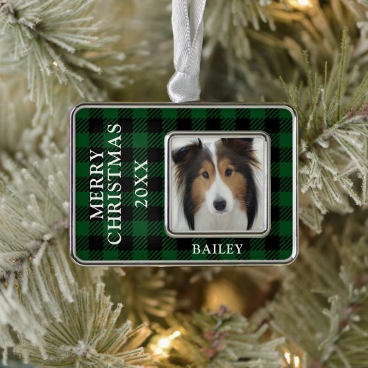 Green Buffalo Karo Dog Foto Personalisiert Rahmen-Ornament Silber (Baum)