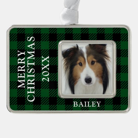 Green Buffalo Karo Dog Foto Personalisiert Rahmen-Ornament Silber (Vorderseite)