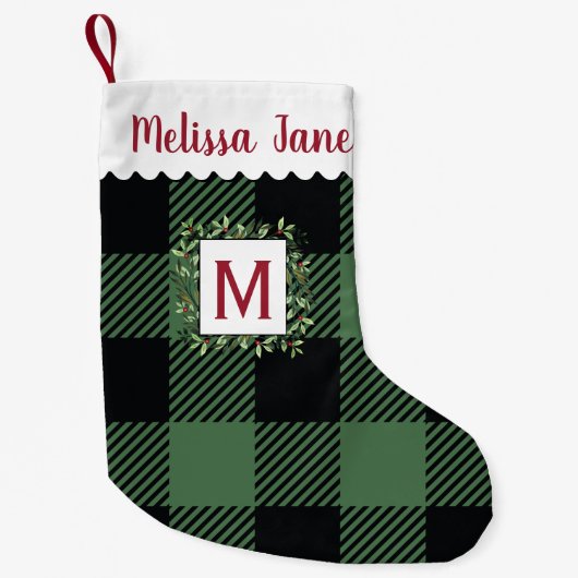 Green Buffalo Karo Evergreen Wreath Monogram Kleiner Weihnachtsstrumpf (Vorderseite)