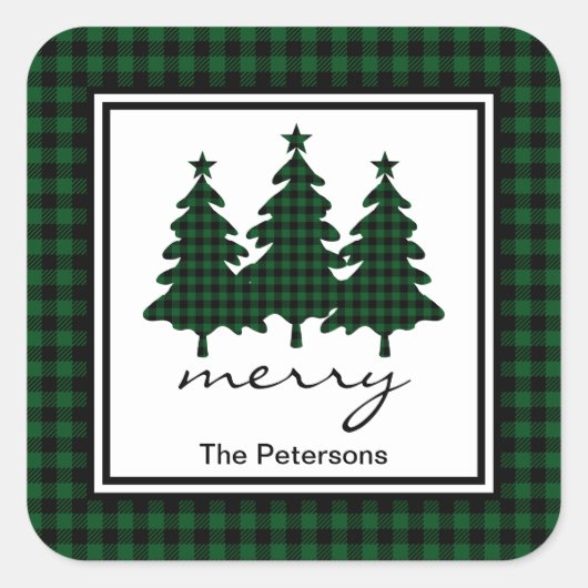 Green Buffalo Karo Pine Trees Personalisiert Quadratischer Aufkleber (Vorderseite)