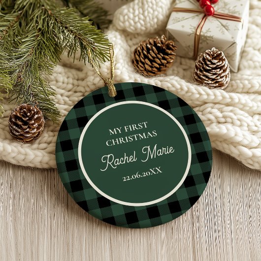 GREEN BUFFALO PLAID NAME Photo Christmas Keepsake Ornament