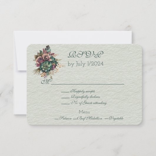 Green Burgundy Floral Wedding Bouquet RSVP Karte (Vorderseite)