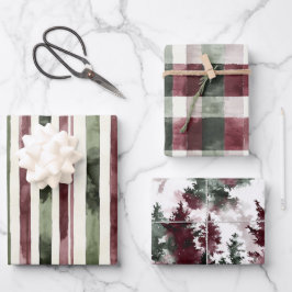 Green Burgundy Stripes Weihnachten Geschenkpapier Set