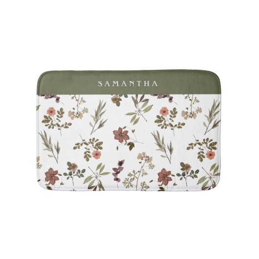 Green Burgundy Wildflower Monogram Name Badematte (Vorderseite)