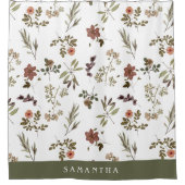 Green Burgundy Wildflower Monogram Name Duschvorhang (Vorderseite)