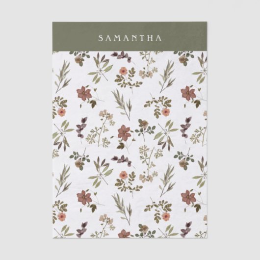 Green Burgundy Wildflower Monogram Name Seidenpapier (Vorderseite)