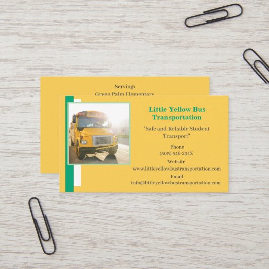 Green Bus Driver Yellow School Bus Business Card Visitenkarte (Vorderseite/Rückseite Beispiel)