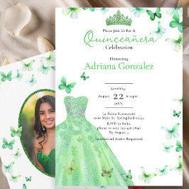 Green Butterflies Dress Tiara Photo Quinceanera Einladung
