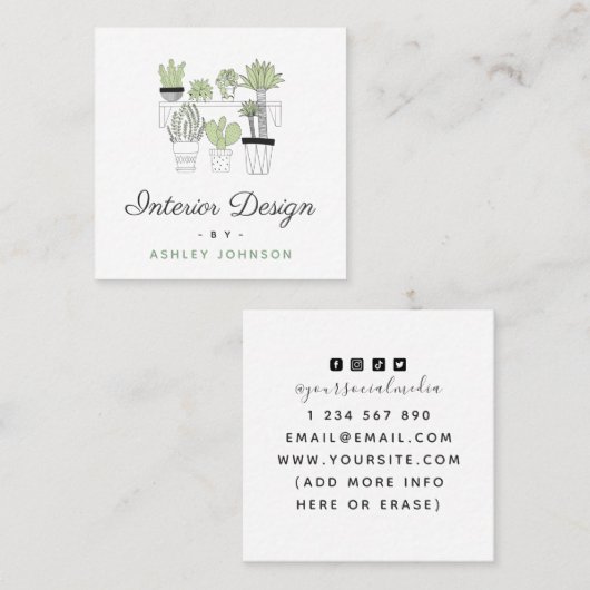 Green Cactus Succulent House Pflanze Innendesign Quadratische Visitenkarte (Vorne/Hinten)