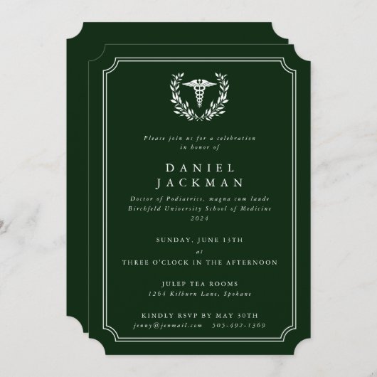 Green Caduceus+Laurel Medical School Abschluss Einladung (Vorne/Hinten)