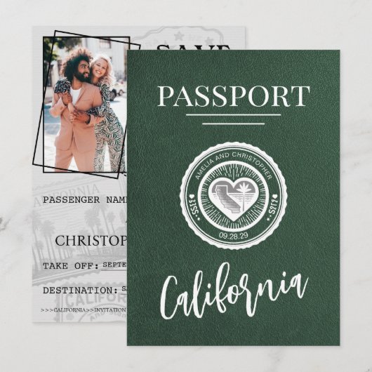 Green California Passport Save the Date (Vorne/Hinten)