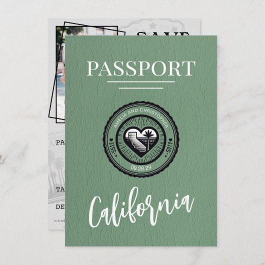Green California Passport Save the Date (Vorne/Hinten)