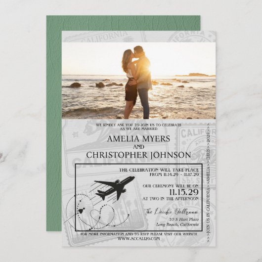 Green California Passport Wedding Einladung (Vorne/Hinten)