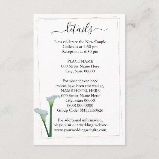 Green Calla Lily Wedding Details Card Begleitkarte (Vorderseite)