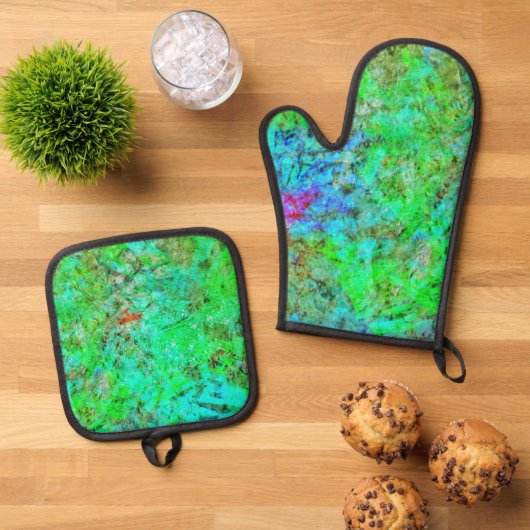 Green calming pot holder and oven mitt,Dazzling Ofenhandschuh & Topflappen-Set (Oben Unten)