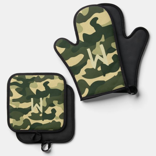 Green Camouflage Mit Monogramm Camping Pensionieru Ofenhandschuh & Topflappen-Set (Vorderseite/Rückseite)