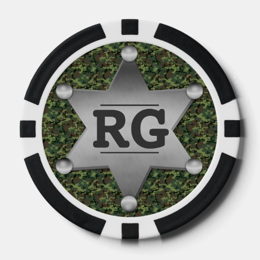 Green Camouflage Muster Sheriff Abzeichen Monogram Pokerchips (Vorderseite)