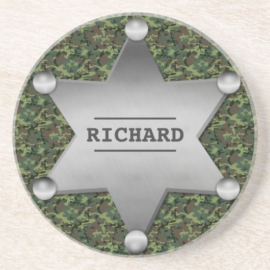 Green Camouflage Muster Sheriff Name Abzeichen Sandstein Untersetzer (Vorne)