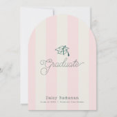 Green Cap Pink Stripes Bow Graduation Announcement Einladung (Vorderseite)