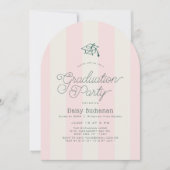 Green Cap & Pink Stripes Palms Graduation Party Einladung (Vorderseite)