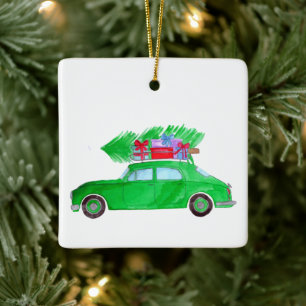 Green Car mit Weihnachtsgeschenken Wasserfarbe Keramikornament