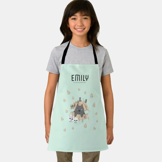 Green Cat Pumpkin Skulls Candy Corn Kids Halloween Schürze (Insitu)