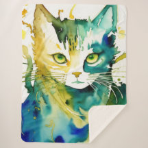 Green Cat Sherpa Blanket