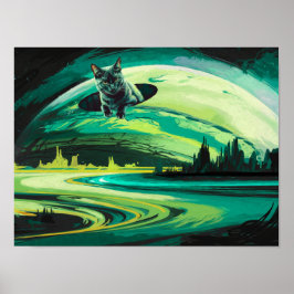 Green Cat Weiße Planet Wormhole Poster Print Art