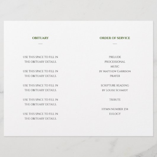 Green Celebration of Life Funeral Program (Rückseite)