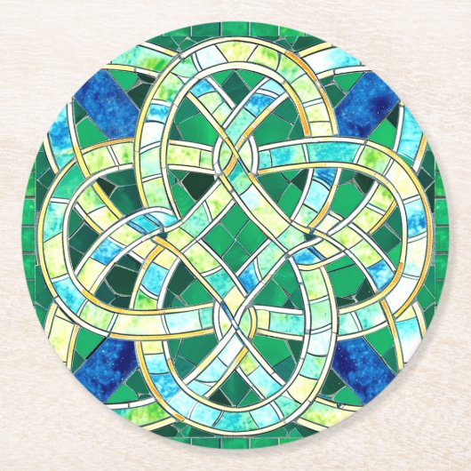 Green Celtic Knot Stone Mosaik Runder Pappuntersetzer (Vorderseite)