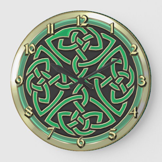 Green Celtic Shield Knot Round Wall Clock Große Wanduhr (Vorderseite)