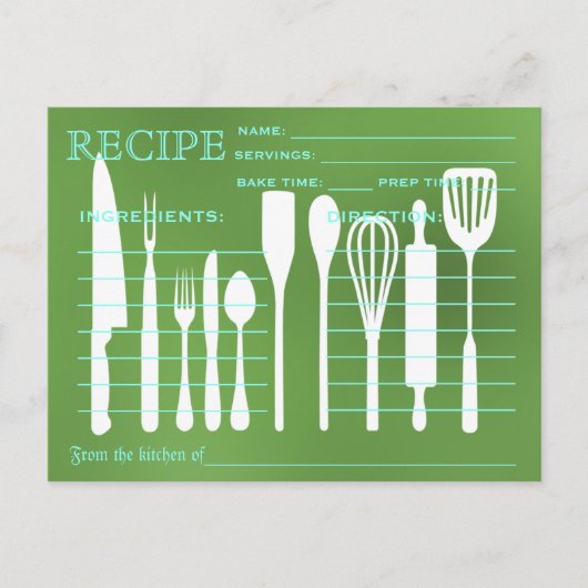 Green Chalkboard Retro Rezept Card Küche Tools Postkarte (Vorderseite)