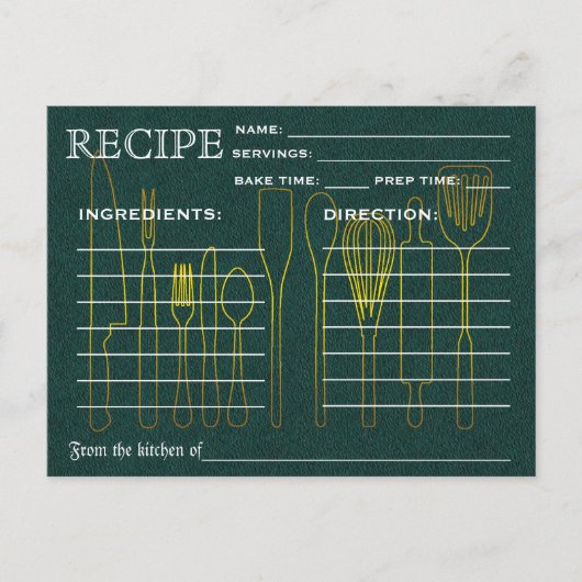 Green Chalkboard Retro Rezept Card Küche Tools Postkarte (Vorderseite)