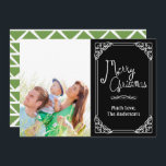Green Chalkboard Typografie Frohe Weihnachts-Foto Feiertagskarte<br><div class="desc">Grünes Abstraktes Muster auf der Foto "Back Family" oder "Couples" auf der Weihnachtskarte</div>