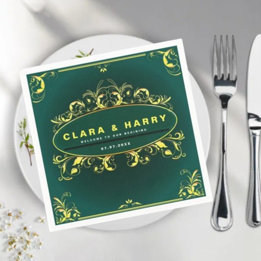 Green champagne gold vintage floral wedding serviette