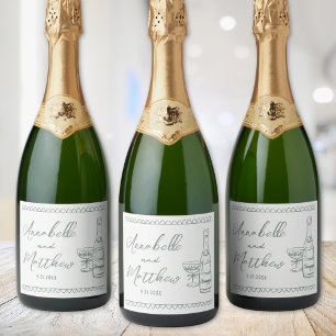 Green Champagne Hand Drawn Wedding Schaumweinetikett
