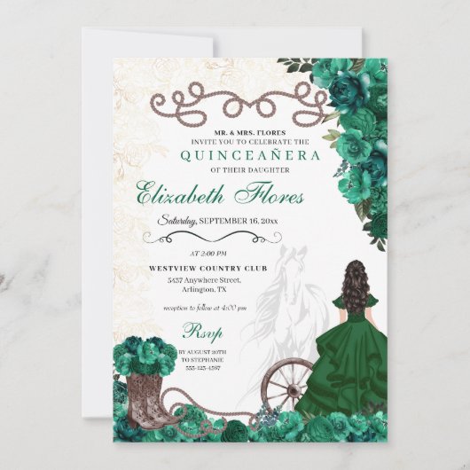 Green Charra Princess Dress Horse Quinceañera Einladung (Vorderseite)