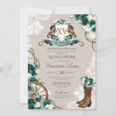 Green Charro Floral Horse Wappen Quinceanera Einladung (Vorderseite)