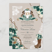 Green Charro Floral Horse Wappen Quinceanera Einladung (Vorne/Hinten)