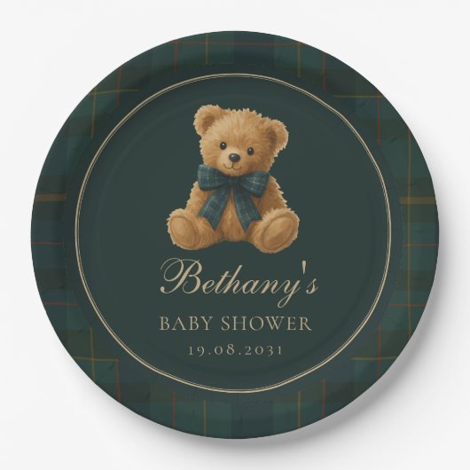 Green Check Polo Teddy Bear Baby Shower Pappteller (Vorderseite)