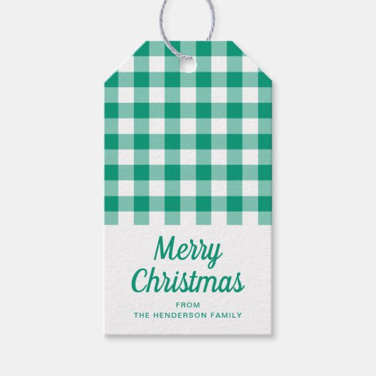 Green Checked Gingham Script Weihnachten Geschenkanhänger (Vorderseite)