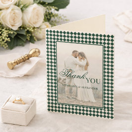 Green Checkered Old Money Photo Wedding Folded Dankeskarte