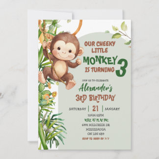 Green Cheeky Little Monkey Savannah Theme Birthday Einladung