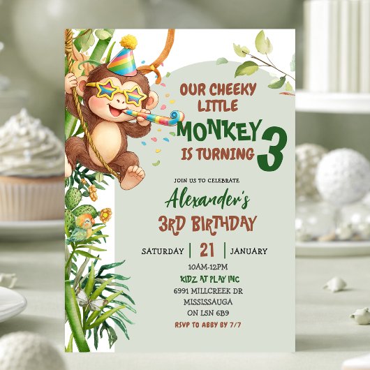 Green Cheeky Little Monkey Savannah Theme Birthday Einladung