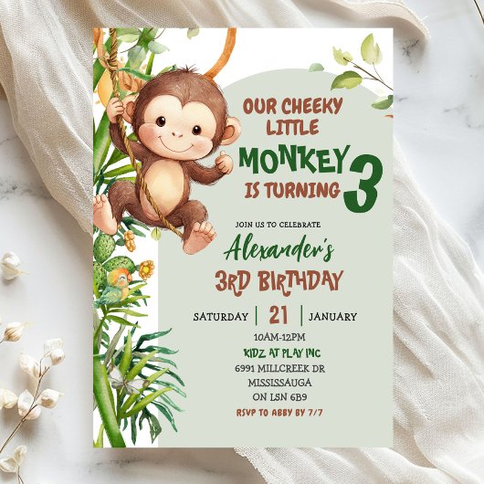 Green Cheeky Little Monkey Savannah Theme Birthday Einladung