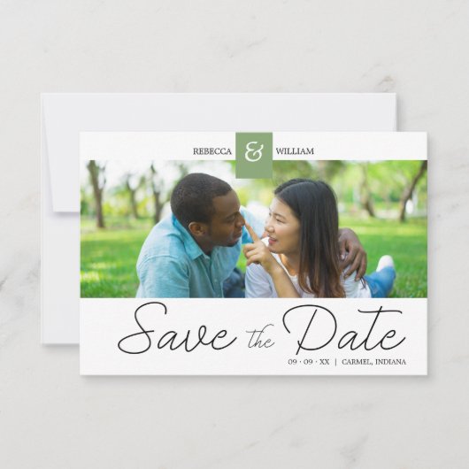 Green Chic Custom Photo Instant Engaged Couple Save The Date (Vorderseite)