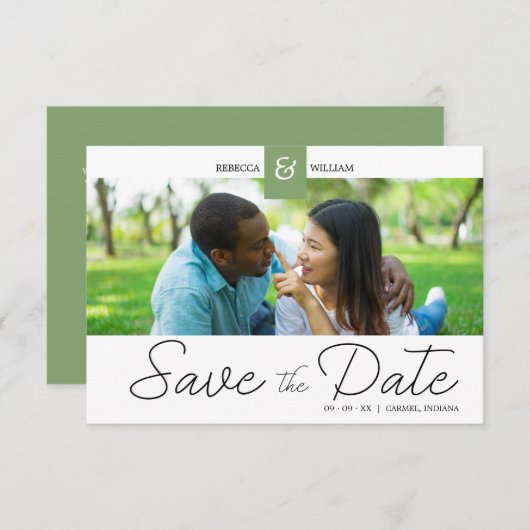 Green Chic Custom Photo Instant Engaged Couple Save The Date (Vorne/Hinten)