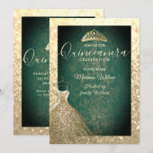 Green chic Gold Sequenzen kleiden tiara Quinceañer Einladung (Vorne/Hinten)
