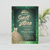 Green chic Gold Sequins kleiden tiara Sweet 16 Einladung (Stehend Vorderseite)